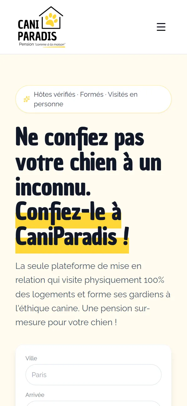 Site internet Pension Cani Paradis sur mobile